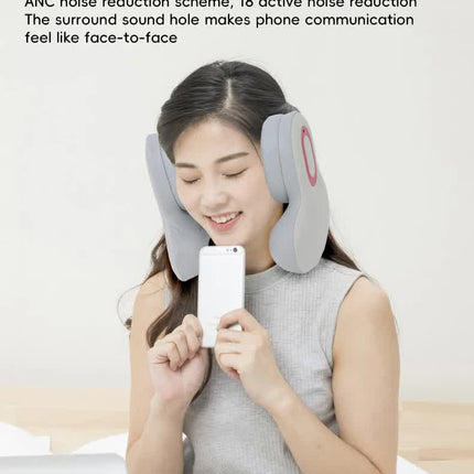 Smart 4-in-1 Travel Neck Pillow with ANC Headphones - Heated Vibration Massage & Bluetooth Audio - Memory Foam Support for Planes & Home - Beige