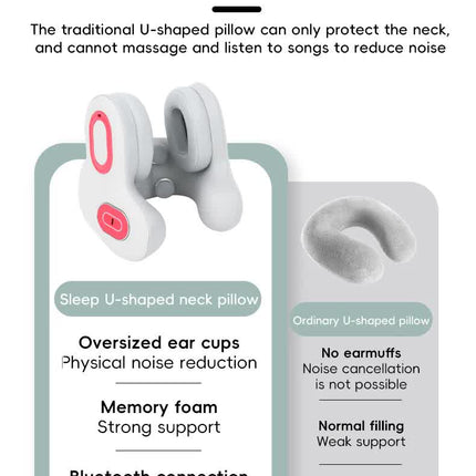 Smart 4-in-1 Travel Neck Pillow with ANC Headphones - Heated Vibration Massage & Bluetooth Audio - Memory Foam Support for Planes & Home - Beige