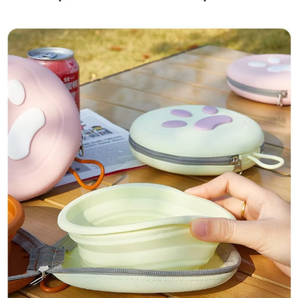 Portable Silicone Double Pet Bowl - Collapsible Travel Dog Feeder for Food & Water - 2 x 450ml Capacity with Zipper Case - Pink