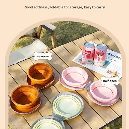 Portable Silicone Double Pet Bowl - Collapsible Travel Dog Feeder for Food & Water - 2 x 450ml Capacity with Zipper Case - Brown & Pink