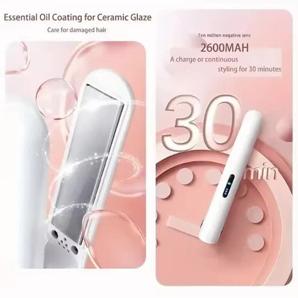 Cordless Mini Hair Straightener & Curler 2-in-1 - Portable USB Rechargeable Ceramic Flat Iron with 3 Temperature Settings - Compact Travel Styler for Bangs & Touch Ups - Pink