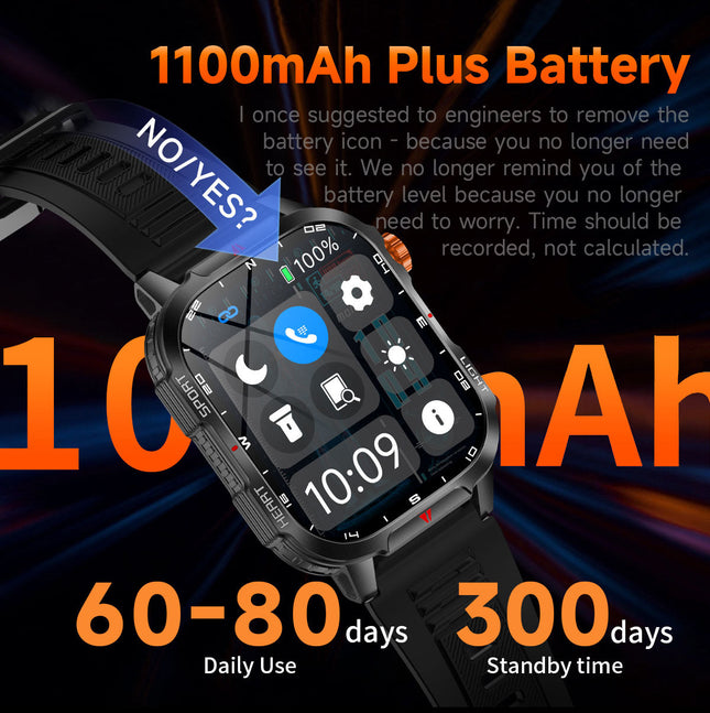 Rugged Outdoor Smart Watch for Men - 1100mAh Extra Long Battery with LED Flashlight & Compass - 2.01" HD Screen Bluetooth Calling IP68 Waterproof Fitness Tracker - Black