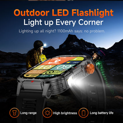 Rugged Outdoor Smart Watch for Men - 1100mAh Extra Long Battery with LED Flashlight & Compass - 2.01" HD Screen Bluetooth Calling IP68 Waterproof Fitness Tracker - Black