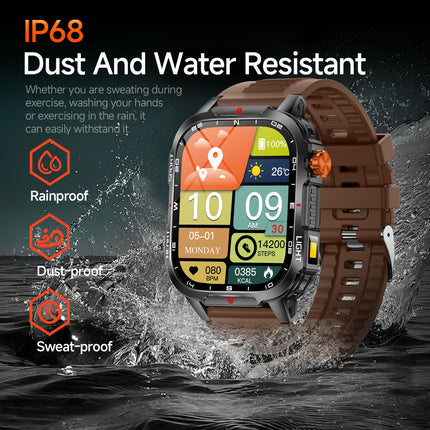 Rugged Outdoor Smart Watch for Men - 1100mAh Extra Long Battery with LED Flashlight & Compass - 2.01" HD Screen Bluetooth Calling IP68 Waterproof Fitness Tracker - Black