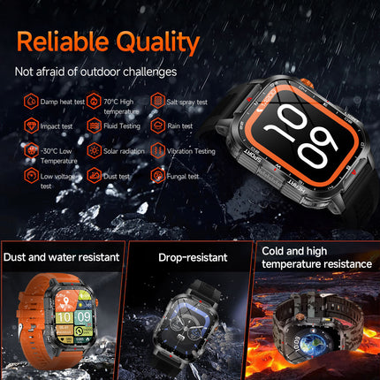 Rugged Outdoor Smart Watch for Men - 1100mAh Extra Long Battery with LED Flashlight & Compass - 2.01" HD Screen Bluetooth Calling IP68 Waterproof Fitness Tracker - Black