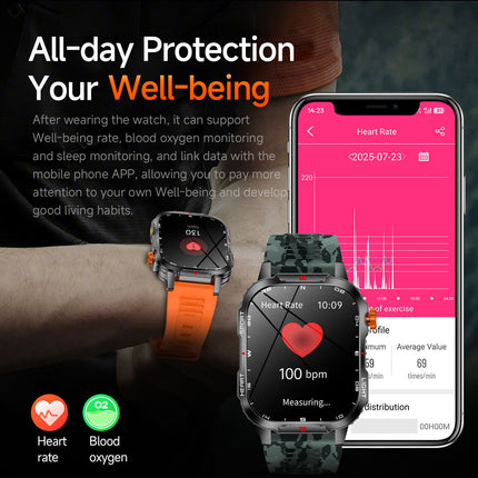 Rugged Outdoor Smart Watch for Men - 1100mAh Extra Long Battery with LED Flashlight & Compass - 2.01" HD Screen Bluetooth Calling IP68 Waterproof Fitness Tracker - Black