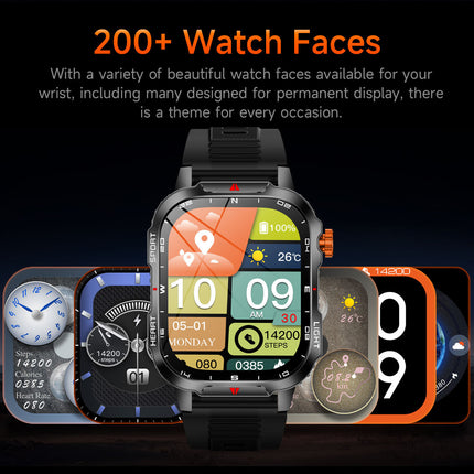 Rugged Outdoor Smart Watch for Men - 1100mAh Extra Long Battery with LED Flashlight & Compass - 2.01" HD Screen Bluetooth Calling IP68 Waterproof Fitness Tracker - Black