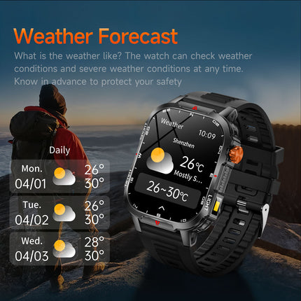 Rugged Outdoor Smart Watch for Men - 1100mAh Extra Long Battery with LED Flashlight & Compass - 2.01" HD Screen Bluetooth Calling IP68 Waterproof Fitness Tracker - Orange