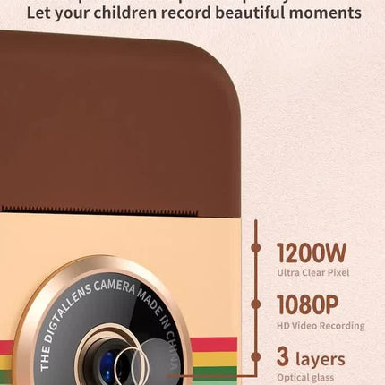 Kids Instant Print Camera with 3 Paper Rolls - Zero Ink Thermal Digital Camera & Video Recorder - 1080P Dual Lens Selfie Toy for Boys & Girls - Brown