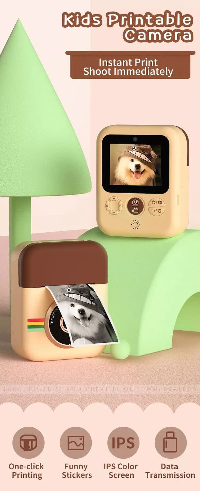Kids Instant Print Camera with 16GB SD Card & 3 Paper Rolls - Retro Thermal Digital Camera & Video Recorder - 1080P Dual Lens Selfie Toy Gift - Brown