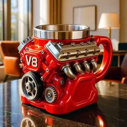 3D V8 Engine Coffee Mug Stainless Steel Liner Resin Novelty Cup 300ml Double Wall Insulated Gift for Car Enthusiasts Mechanics Red