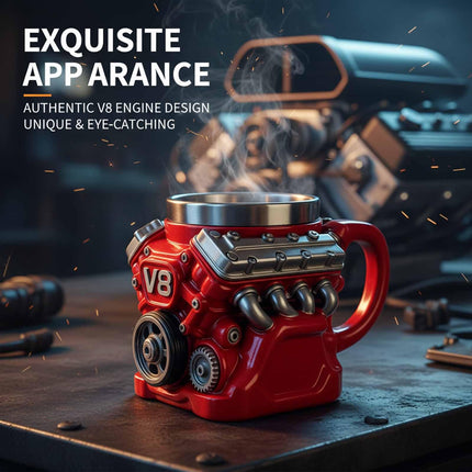 3D V8 Engine Coffee Mug Stainless Steel Liner Resin Novelty Cup 300ml Double Wall Insulated Gift for Car Enthusiasts Mechanics Red