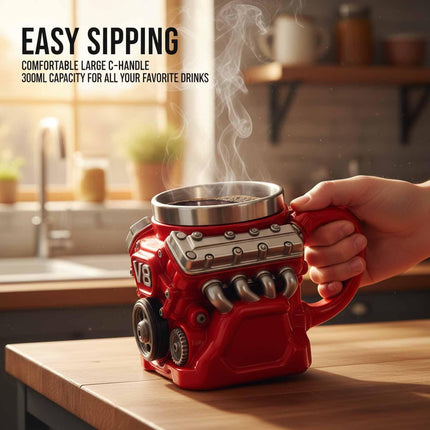 3D V8 Engine Coffee Mug Stainless Steel Liner Resin Novelty Cup 300ml Double Wall Insulated Gift for Car Enthusiasts Mechanics Red
