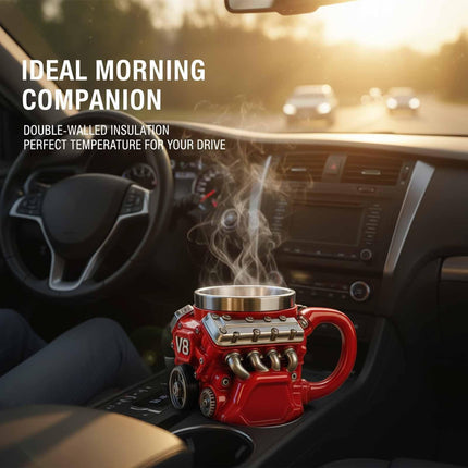 3D V8 Engine Coffee Mug Stainless Steel Liner Resin Novelty Cup 300ml Double Wall Insulated Gift for Car Enthusiasts Mechanics Red