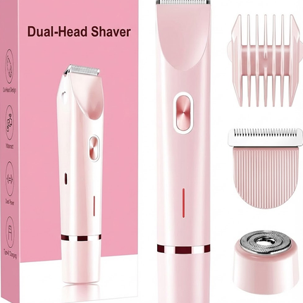 2-in-1 Electric Lady Shaver & Bikini Trimmer Dual Head Waterproof Wet & Dry Body Hair Remover Cordless Razor for Face Legs Underarms Pink