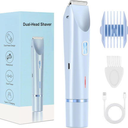 2-in-1 Electric Lady Shaver & Bikini Trimmer Dual Head Waterproof Wet & Dry Body Hair Remover Cordless Razor for Face Legs Underarms Blue