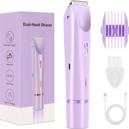 2-in-1 Electric Lady Shaver & Bikini Trimmer Dual Head Waterproof Wet & Dry Body Hair Remover Cordless Razor for Face Legs Underarms Purple