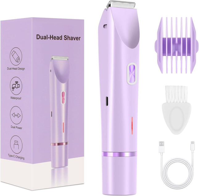 2-in-1 Electric Lady Shaver & Bikini Trimmer Dual Head Waterproof Wet & Dry Body Hair Remover Cordless