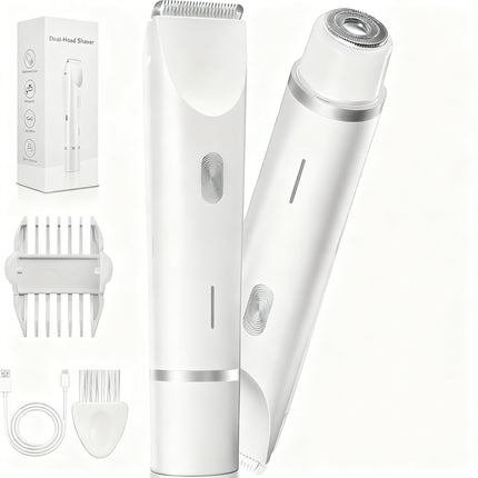2-in-1 Electric Lady Shaver & Bikini Trimmer Dual Head Waterproof Wet & Dry Body Hair Remover Cordless Razor for Face Legs Underarms White