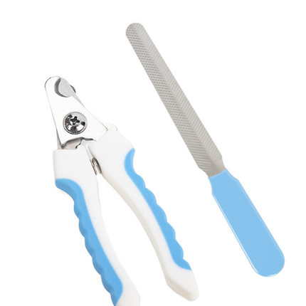 Pet Nail Clippers & File Set for Small Dogs Cats Stainless Steel Claw Trimmer with Safety Guard Non-Slip Handle Grooming Tool White & Blue
