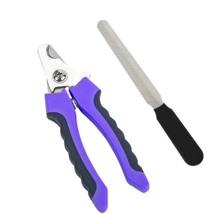 Pet Nail Clippers & File Set for Small Dogs Cats Stainless Steel Claw Trimmer with Safety Guard Non-Slip Handle Grooming Tool Black & Purple