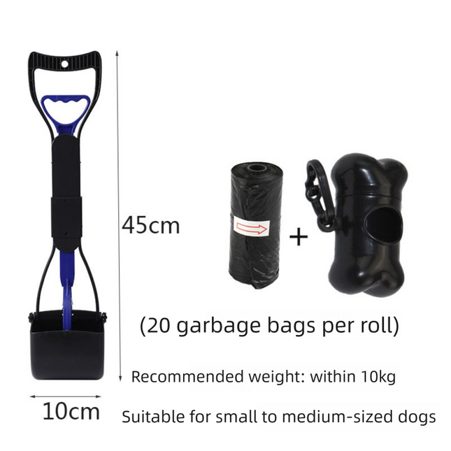 Medium Foldable Pet Pooper Scooper 45cm Portable Dog Waste Jaw Clamp with Bone Dispenser & 20 Bags Blue