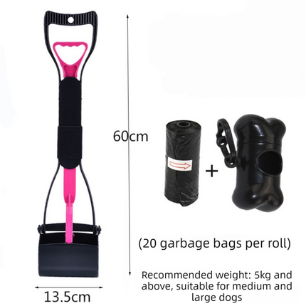 Large Foldable Pet Pooper Scooper 60cm Long Handle Dog Waste Picker Jaw Clamp with Bone Dispenser & Bags Pink
