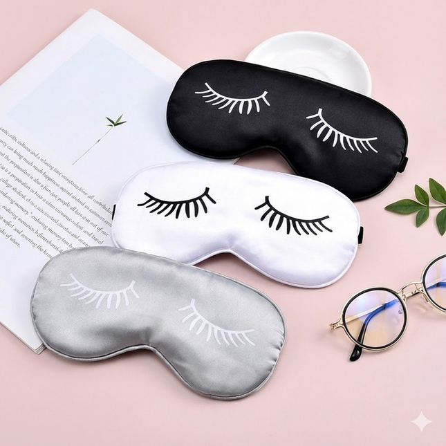 3 PCS Silky Satin Sleep Mask Set Cute Eyelash Design Soft Light Blocking Eye Cover with Adjustable Strap
