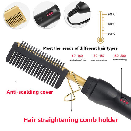 Electric Hot Comb Hair Straightener & Curler Titanium Alloy Fast Heat Wet Dry Styling Tool Black Gold AU Plug
