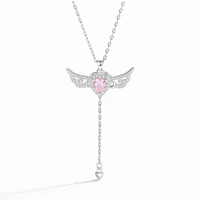 S925 Sterling Silver Angel Wings Necklace with Pink Heart Crystal & Tassel Drop Adjustable Chain Jewellery