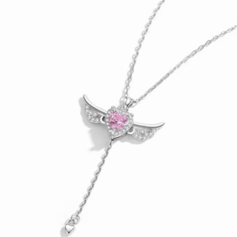 S925 Sterling Silver Angel Wings Necklace with Pink Heart Crystal & Tassel Drop Adjustable Chain Jewellery – product detail