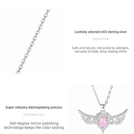 S925 Sterling Silver Angel Wings Necklace with Pink Heart Crystal & Tassel Drop Adjustable Chain Jewellery Gift for Her