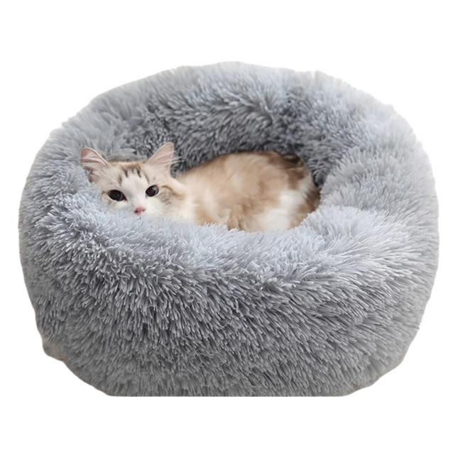 Grey Cozy Donut Long Plush Cat & Dog Calming Bed(diameter 50cm)