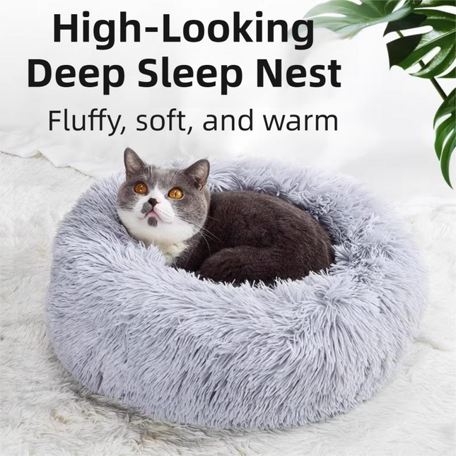 Grey Cozy Donut Long Plush Cat & Dog Calming Bed(diameter 50cm)