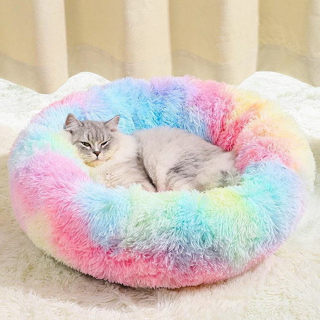 Rainbow Colors Cozy Donut Long Plush Cat & Dog Calming Bed