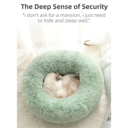 Rainbow Colors Cozy Donut Long Plush Cat & Dog Calming Bed(Diameter 50cm) - Double-Layer PP Cotton Filling Warming Pet Bed with Anti-Slip Base & Free Blanket