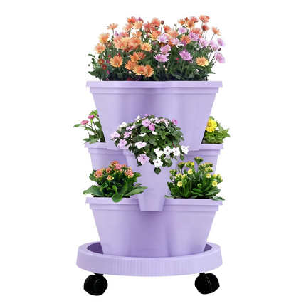 Purple 3-Tier Stackable Strawberry & Vegetable Planter with Mobile Wheel Tray - Space-Saving Vertical Gardening System