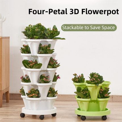 Beige 3-Tier Stackable Strawberry & Vegetable Planter with Mobile Wheel Tray - Space-Saving Vertical Gardening System