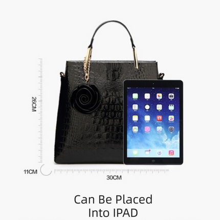 Black Patent PU Leather Crocodile Embossed Shell Bag(30 x 11 x 26 CM) with Floral Pendant