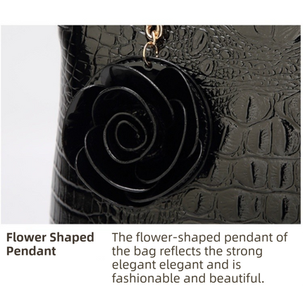 Dark Coffee Patent PU Leather Crocodile Embossed Shell Bag(30 x 11 x 26 CM) with Floral Pendant