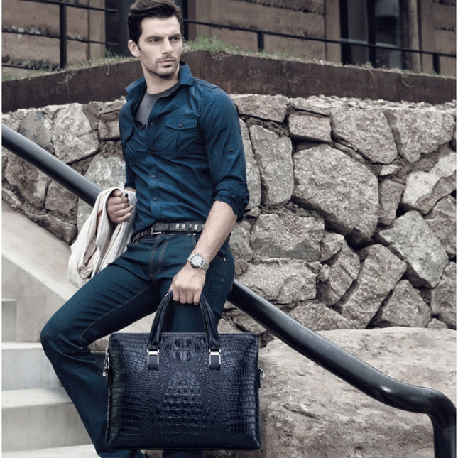 Black Men's Luxury Crocodile Embossed PU Leather Briefcase(39 x 8 x 28 CM) With FREE Crocodile Wallet - Dual-Zip Business Shoulder/Crossbody Laptop Bag (Fits 14-inch)