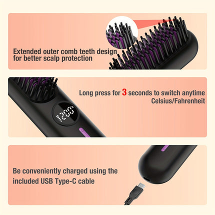 S01 Black Cordless Hair Straightener Brush - 2-in-1 Curling & Straightening Tool with LED Power Display and 7-Level Temp Control, Mini Quick Heat Anti-Damage