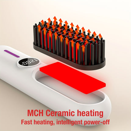 S01 Black Cordless Hair Straightener Brush - 2-in-1 Curling & Straightening Tool with LED Power Display and 7-Level Temp Control, Mini Quick Heat Anti-Damage