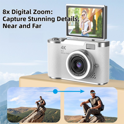 Brown 4K Compact Digital CCD Camera for Vlogging & Students - Portable Point and Shoot with 2.4-inch Rotating Screen, 8X Optical Zoom, and Anti-Shake