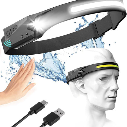 Adjustable High-Lumen Rechargeable COB LED Headlamp - 230° Wide Beam Head Torch with Wave Sensor for Camping, Hiking & Fishing