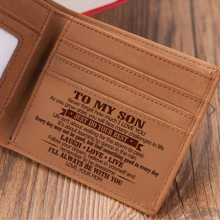Style 1 To My Son Embossed Genuine Cowhide Leather Men's Wallet (Gift Giver: Love Mom) - Anti-Theft RFID Blocking - Personalized Dad & Mom Gift