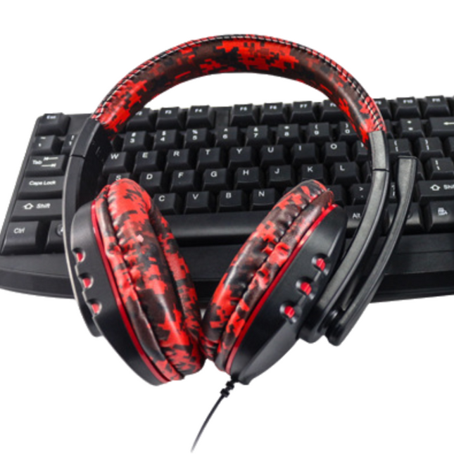 Camouflage Red Over-Ear Wired Gaming Headset with Microphone