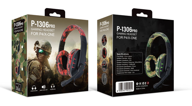 Camouflage Red Over-Ear Wired Gaming Headset with Microphone