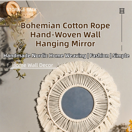 M0864 Bohemian Macrame Wall Hanging Mirror with Hand-Woven Petal Accents - Artistic Round Fringe Mirror for Home Decor