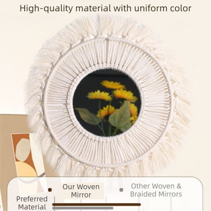M0864 Bohemian Macrame Wall Hanging Mirror with Hand-Woven Petal Accents - Artistic Round Fringe Mirror for Home Decor